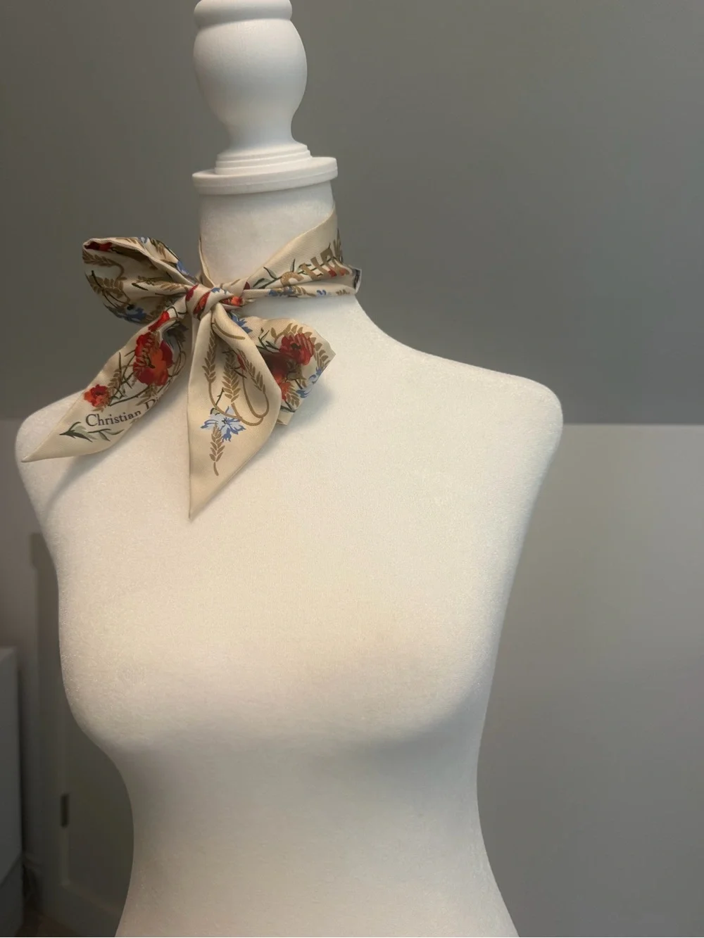 Dior Cream Silk Floral Bow Scarf with Red & Blue Blooms w/COA